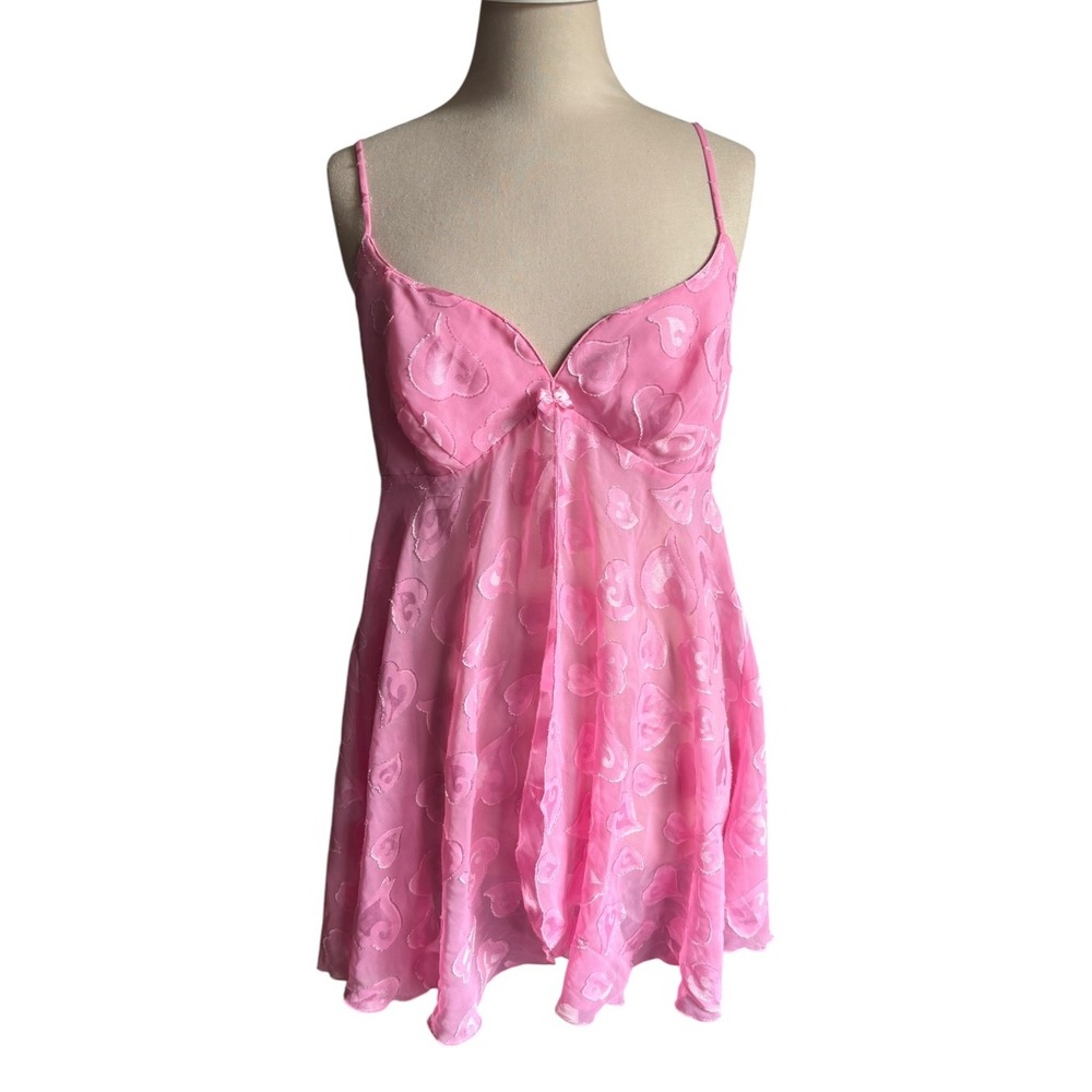 Vtg 90s Victoria's Secret Babydoll Chemise Sz M Pink Heart Jacquard Sheer Y2K